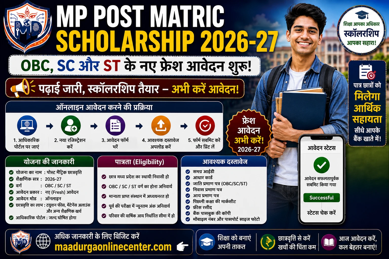 MP Online Post Matric Scholarship UG PG Fresh Application Registration 2026